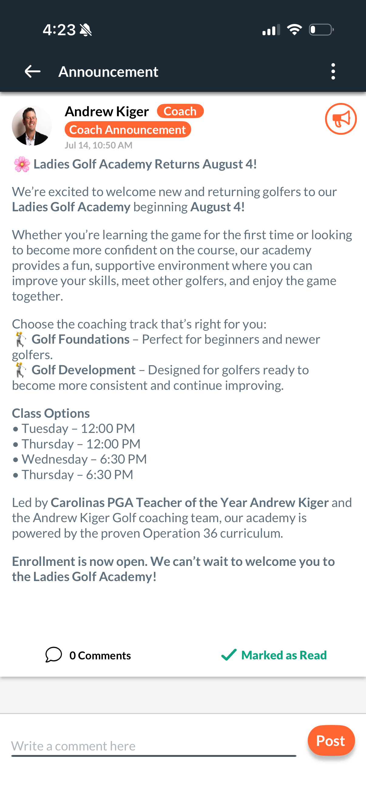 A coach announcement in the Op 36 app