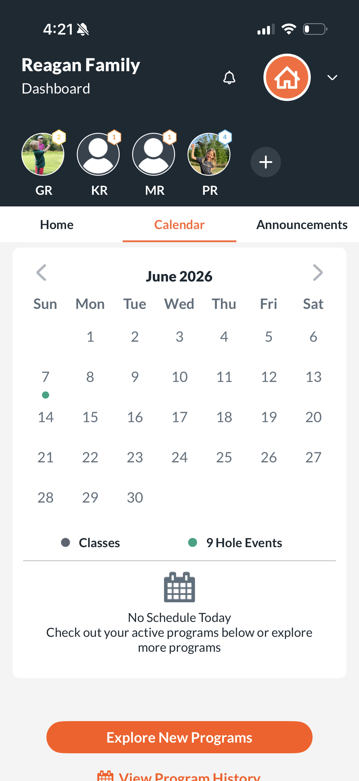 The Op 36 family dashboard calendar showing classes and 9-hole events