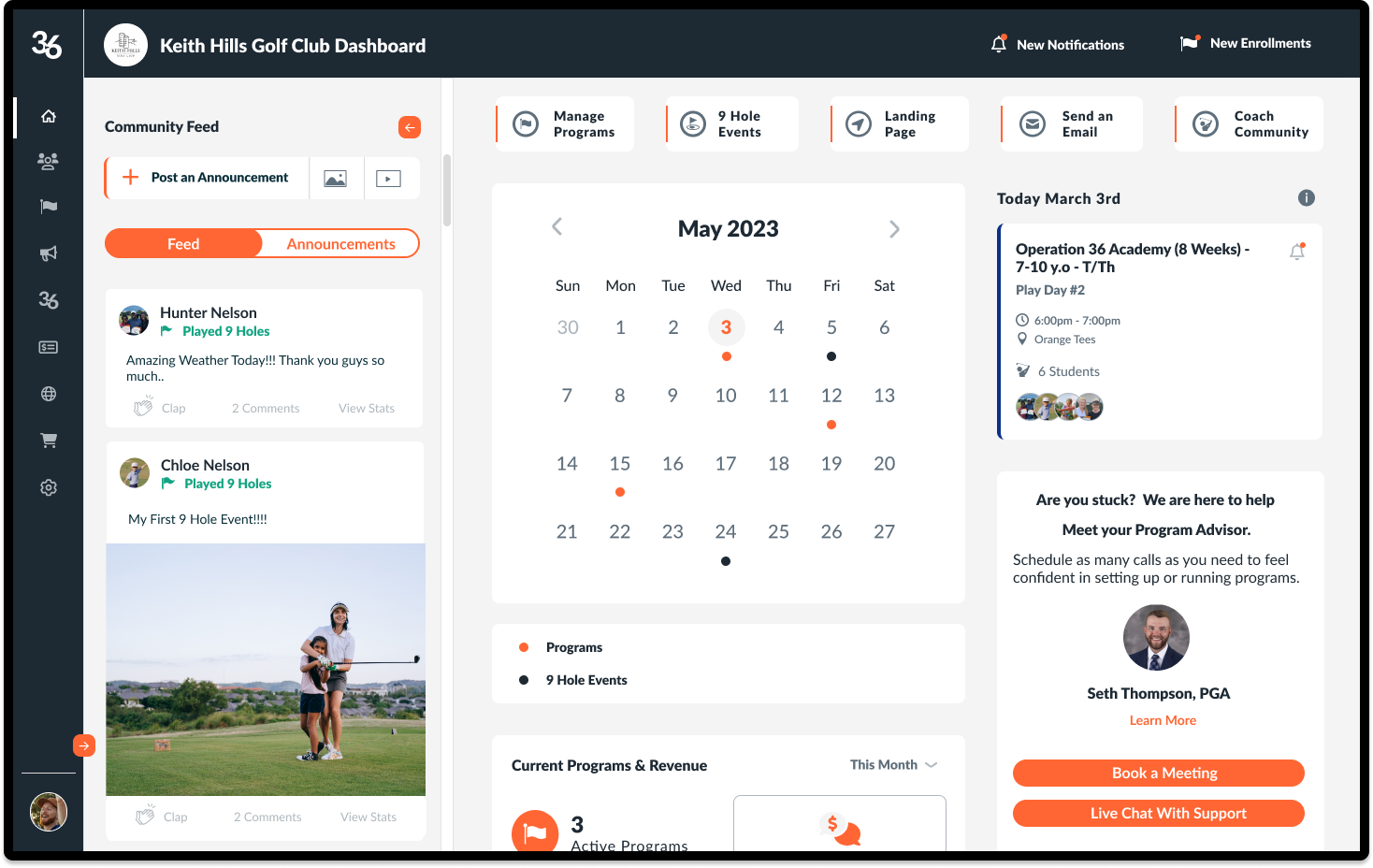 The Op 36 coaches portal — a facility dashboard with programs, a calendar, enrollments, a community feed, and your Program Advisor