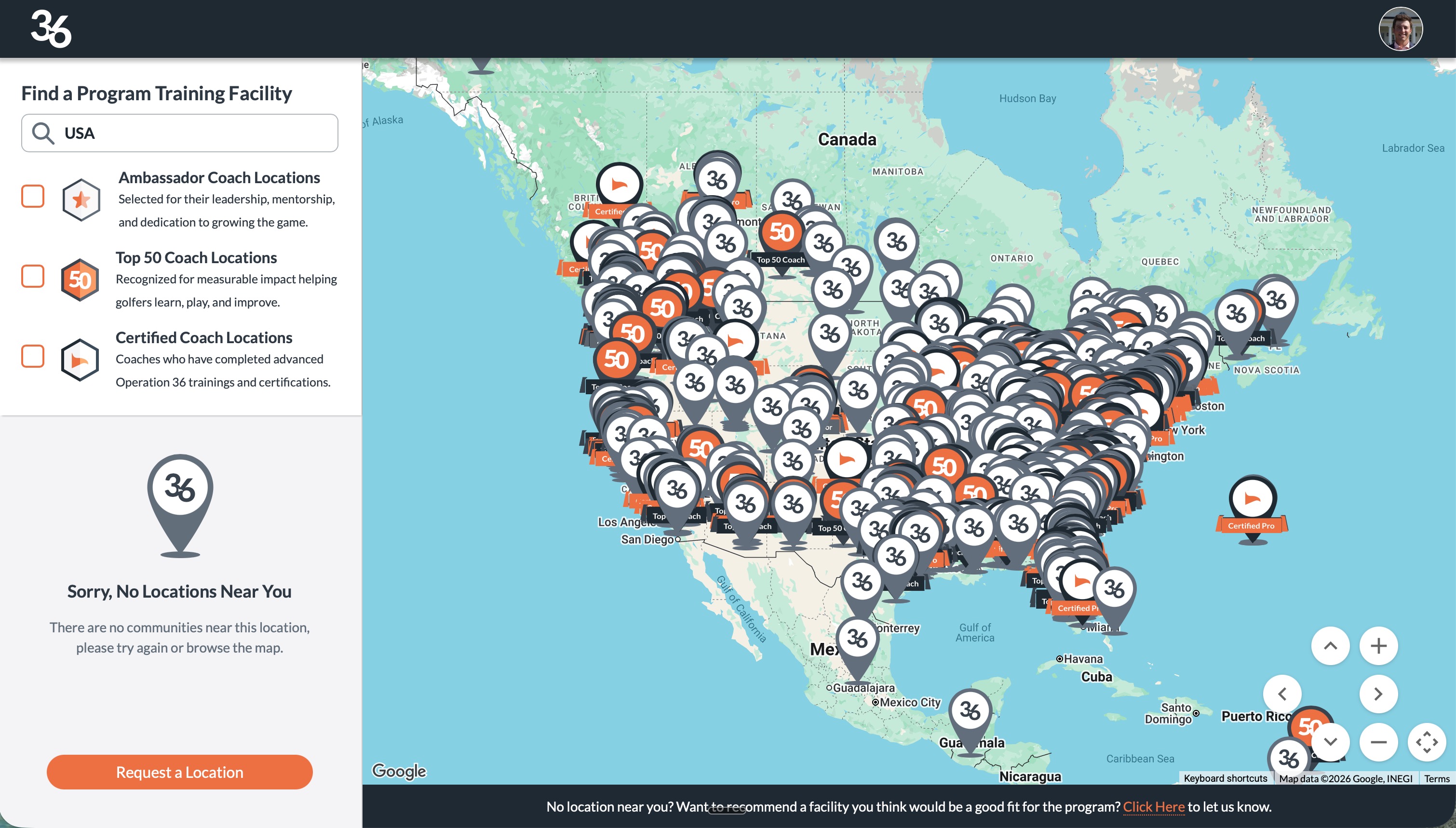 The Op 36 program finder map, covered with facility pins across North America