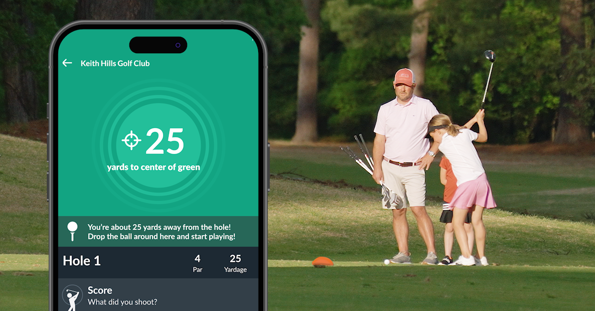 The Op 36 app showing 25 yards to the green on hole 1 during a real round