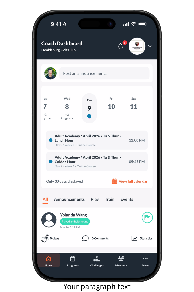 Coach Dashboard home feed showing announcements, weekly calendar, and upcoming sessions