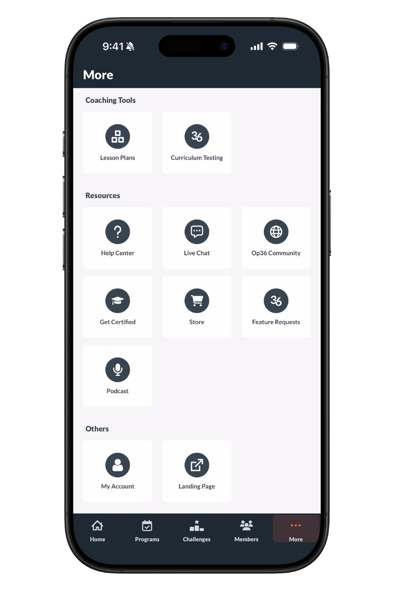 Coaching Tools screen showing Lesson Plans, Curriculum Testing, Help Center, Live Chat, and Op36 Community