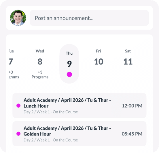 Coach Dashboard home feed showing announcements, weekly calendar, and upcoming sessions