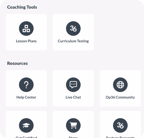 Coaching Tools screen showing Lesson Plans, Curriculum Testing, Help Center, Live Chat, and Op36 Community