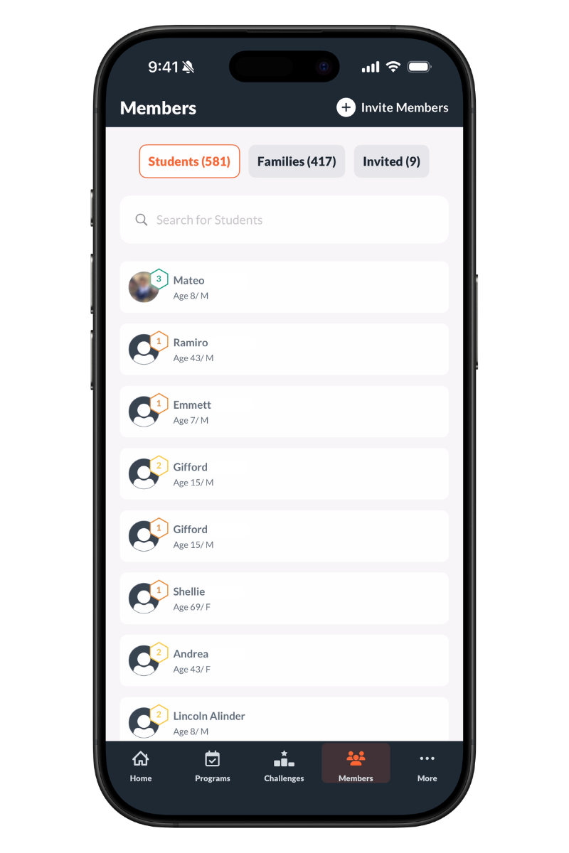 Searchable student directory showing names, ages, and Op 36 levels