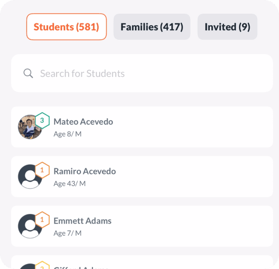 Searchable student directory showing names, ages, and Op 36 levels